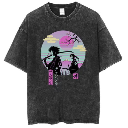 Japanese Anime Samurai Chaos Samurai Champloo Vintage Washed Old Short-sleeved Cotton T-shirt For Men And Women