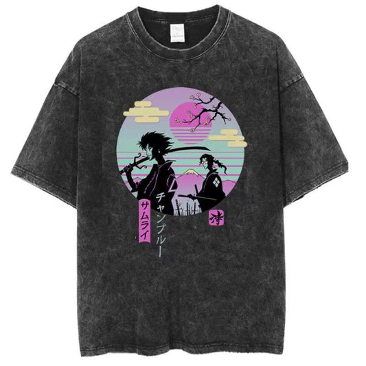 Japanese Anime Samurai Chaos Samurai Champloo Vintage Washed Old Short-sleeved Cotton T-shirt For Men And Women