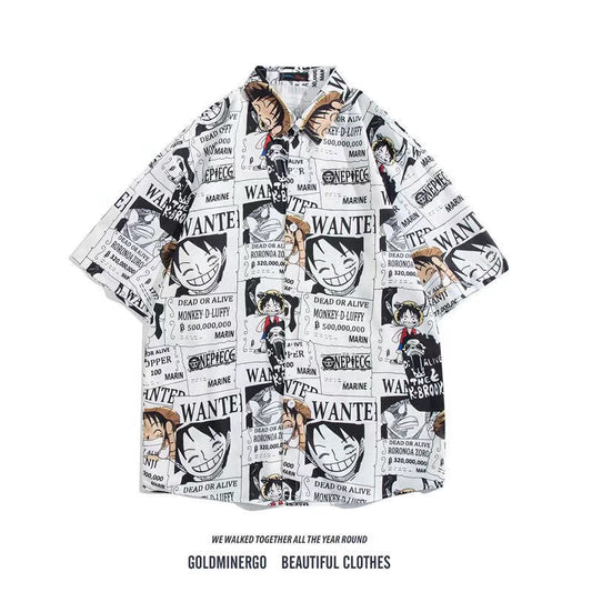 Luffy Graffiti Short-sleeved Shirt Men's Summer Thin Loose Trendy All-match Couple Shirt Half-sleeved