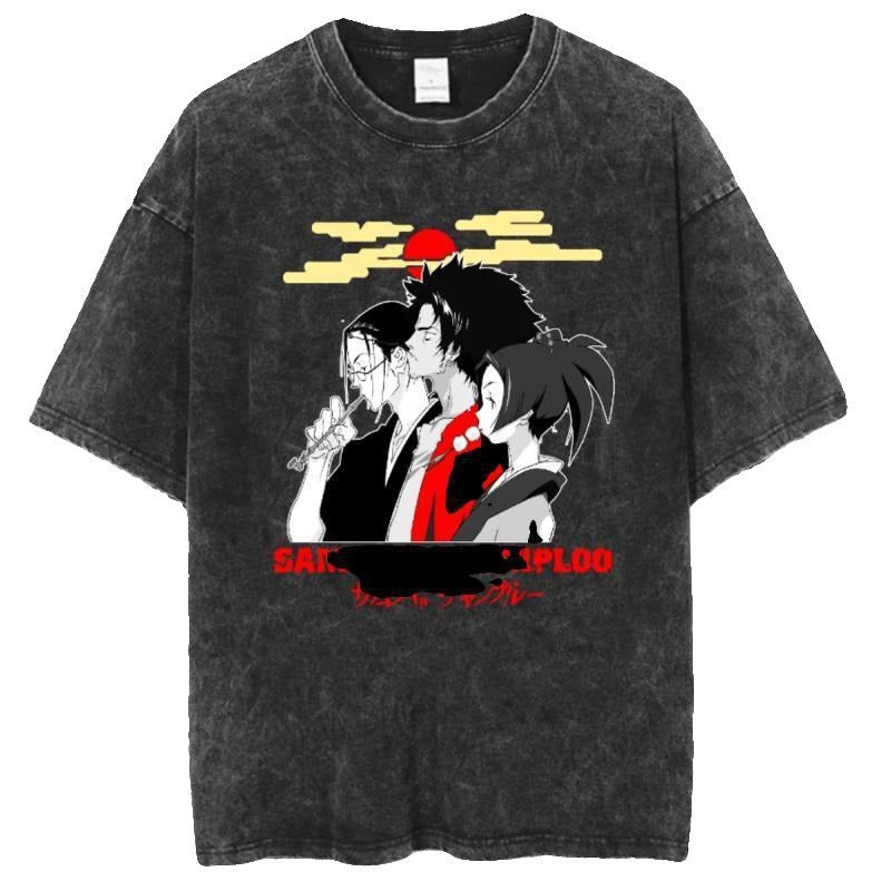 Japanese Anime Samurai Chaos Samurai Champloo Vintage Washed Old Short-sleeved Cotton T-shirt For Men And Women