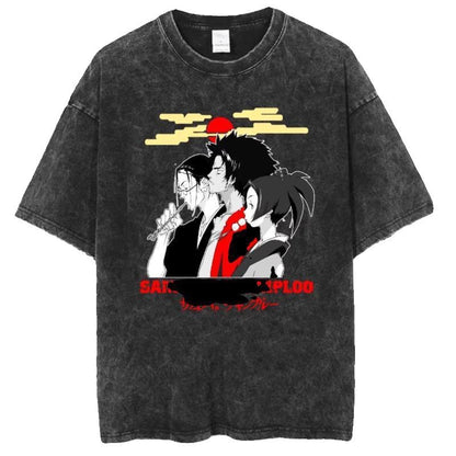 Japanese Anime Samurai Chaos Samurai Champloo Vintage Washed Old Short-sleeved Cotton T-shirt For Men And Women