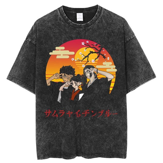 Japanese Anime Samurai Chaos Samurai Champloo Vintage Washed Old Short-sleeved Cotton T-shirt For Men And Women