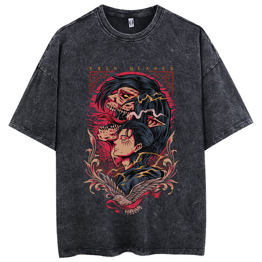Anime Attack Titan T-Shirt Hip Hop Number Street Costume Retro Printed Washed Short Sleeve T-Shirt Summer Cotton Men's Top