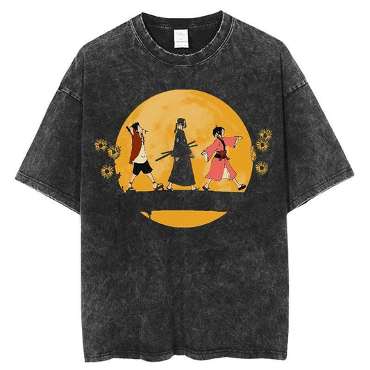 Japanese Anime Samurai Chaos Samurai Champloo Vintage Washed Old Short-sleeved Cotton T-shirt For Men And Women