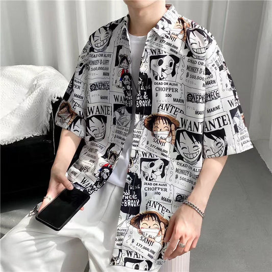 Luffy Graffiti Short-sleeved Shirt Men's Summer Thin Loose Trendy All-match Couple Shirt Half-sleeved