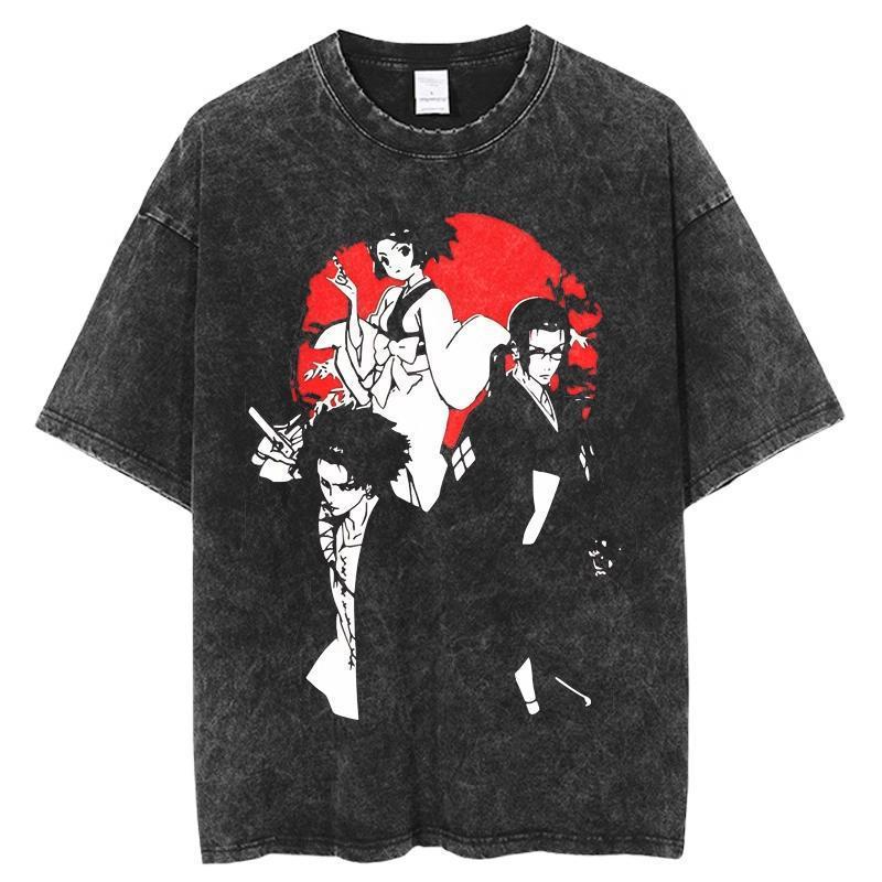 Japanese Anime Samurai Chaos Samurai Champloo Vintage Washed Old Short-sleeved Cotton T-shirt For Men And Women