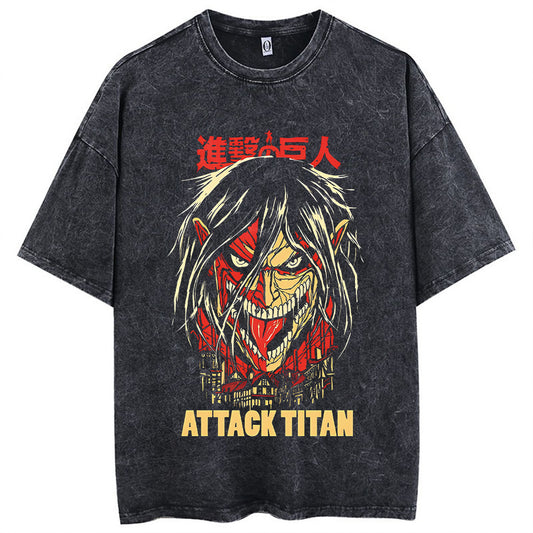 Anime Attack Titan T-Shirt Hip Hop Number Street Costume Retro Printed Washed Short Sleeve T-Shirt Summer Cotton Men's Top