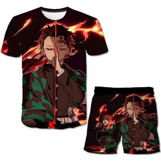 2022 Summer New Ghost Slayer Blade Round Neck Cartoon Anime Short Sleeve T-Shirt Loose Casual Student Set